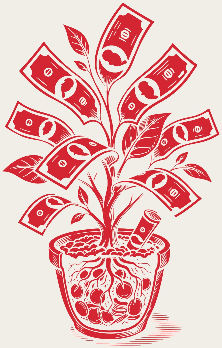 Illustration of a money tree growing from a pot with coins and roots, the symbol of Farmflation